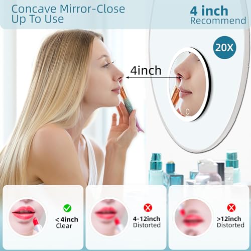 20X Magnifying Mirror with Lights, 20X Magnified Mirror with 3 Suction Cups Black-20x 6"L x 6"W