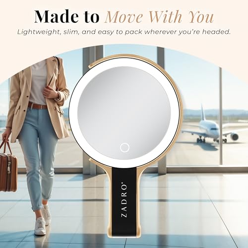 Zadro LED Lighted Makeup Mirror, 2-Sided with 1x & 10x Magnification, Rechargeable Portable Vanity Mirror with 3 Dimmable Color Settings, Handheld & Hands-Free Design, 6.25 Inch (Black/Gold) Black/Gold