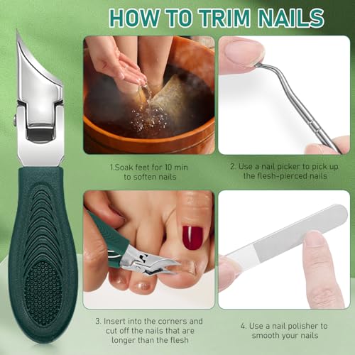 Eagle Beak Beveled Nail Clippers,3-Piece Sets of Eagle Beak Beveled Nails Clippers, Long Handle Wide Jaw Opening Anti-Splash Slanted Nail Clipper for Thick Nails, Seniors&Ingrown Care (Green)