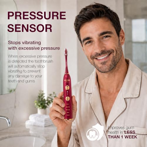 Wagner Stern WHITEN+ Electric Toothbrush, 48,000 VPM, Pressure Sensor, 5 Modes, 8 Brush Heads, Travel Case Ruby Red