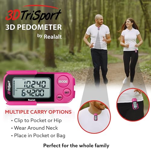 Realalt 3DTriSport 3D Walking Pedometer with Clip & Strap, Accurate Step Counter with 30-Day Memory, Distance in Miles/KM with Large Display Perfect for Seniors & Beginners, eBook Included Magenta
