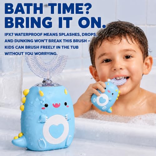 Kids U-Shaped Electric Toothbrush,4 Heads,Dinosaur Design Ages 2-12 Blue