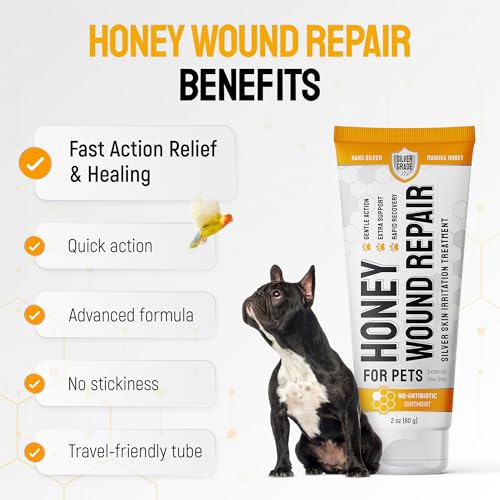 SILVER GRADE Dog Wound Care with Manuka Honey & Colloidal Silver for Scratches & Skin Irritations – Cat & Dog Hot Spot Treatment Gel Works as Honey Rapid Wound Repair for Horses – for All Pets – 2-Oz Honey Gel for Pets