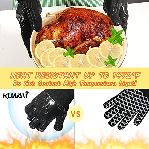 BBQ Gloves, 1472°F Heat Resistant Fireproof Silicone Oven Mitts, Black