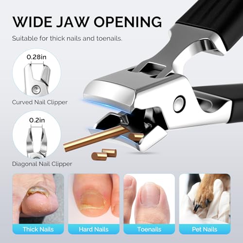 MelodySusie Wide Jaw Opening Nail Clippers Set, 2 pcs Toenail Clippers for Seniors Thick Nails, Anti-Splash Curved and Slanted Nail Clippers for Men Women, Fingernail Cutter with Catcher, Black 2pcs Nail Clippers