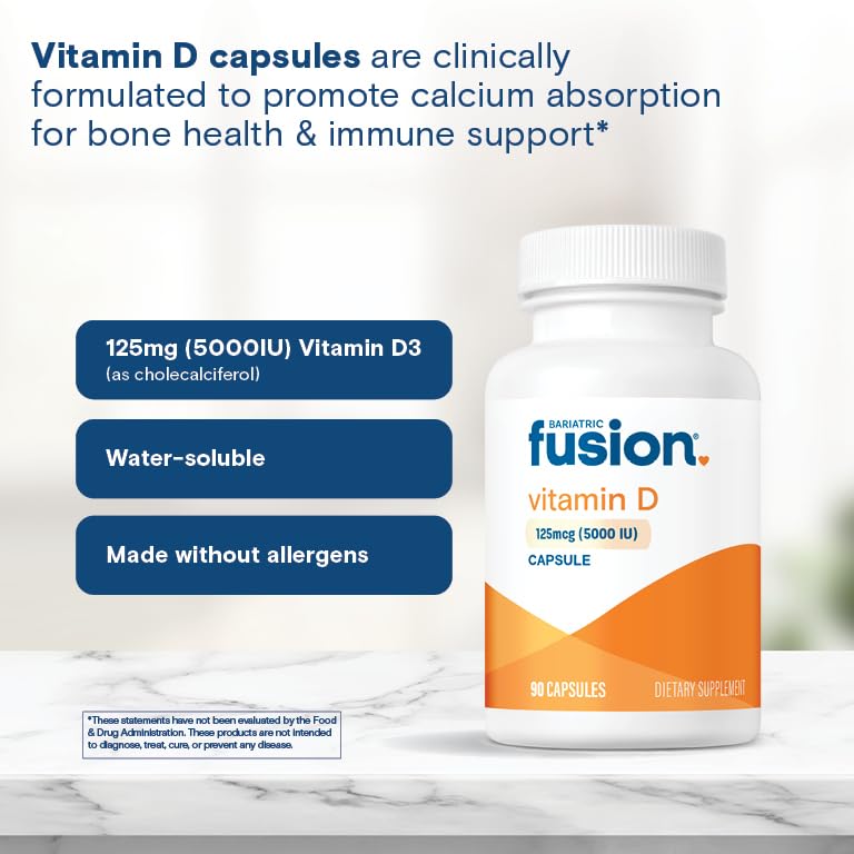 Bariatric Fusion Vitamin D3 5000 IU | Easy to Swallow Bariatric Vitamin D Capsule| One Per Day | Support Bone Strength and Calcium Absorption* | Post Bariatric Surgery | 90 Capsules Unflavored
