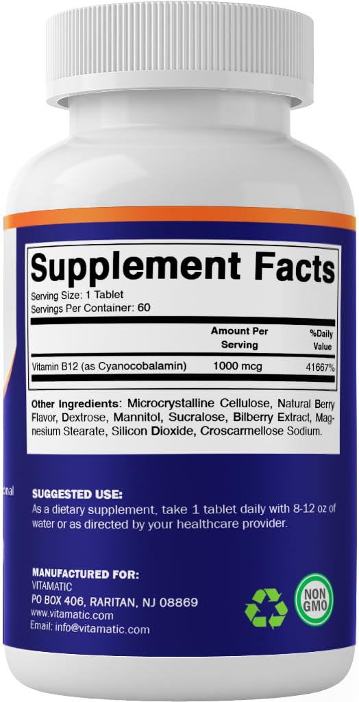 Vitamatic Vitamin B12 1000 mcg Fast Dissolve – 60 Tablets – Natural Berry Flavor – Supports Energy Metabolism & Nervous System Health 60 Count (Pack of 1)