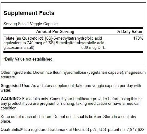 Swanson Folate (5-Methyltetrahydrofolic Acid) 400 mcg 30 Veg Capsules | Advanced Bioactive Form of Folate that Promotes Heart Health and Red Blood Cell Production, an Important Prenatal Vitamin 30 Count (Pack of 1)