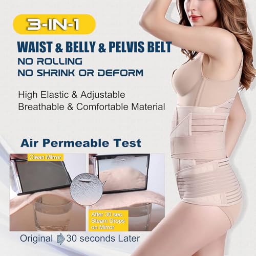 ChongErfei 3 in 1 Postpartum Belly Wrap Recovery Band Belt Abdominal Binder Beige X-Large