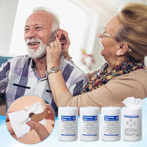 Threlaco 4 Pack Hearing Aid Wipes 640 Counts Large Canister Cleaning Towelettes 160 Per Canister for Hearing Aids Cleaner Wipes for Earwax Earbuds Sweat Earplugs Amplifier Removal