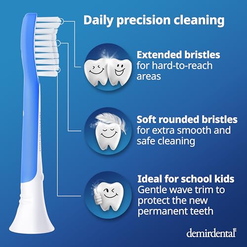 demirdental Kids Toothbrush Heads Compatible with Philips Sonicare Kids Toothbrush Heads - Replacement Heads Sensitive - Brush Heads from Ages 7 to 10 - Dark Blue - Replaces HX6048-8 Pack 7+ years
