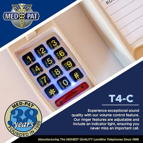 Med-Pat T-4 Full-Featured Trimline Telephone w/Ring/in-Use Light Indicator - Corded Wall Phone w/Full Range Volume Control, Hearing Aid Compatible, Ideal for Hotel, Business & Landline Use- Cream
