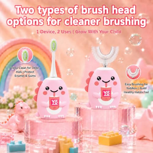 Kids U-Shaped Electric Toothbrush for Toddlers Ages 2-15 Girls, Sonic 360° Rechargeable Toothbrush Kids, 6 Brush Heads 6 Modes, IPX7 Waterproof Automatic 59S Timer - Pink