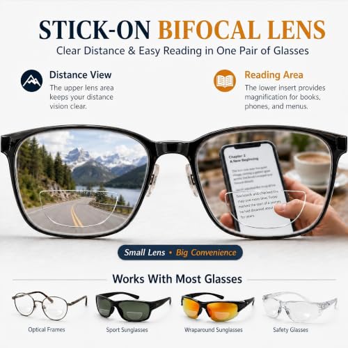 Stick on Bifocal Lenses for Sunglasses, Reusable Stick on Readers for Glasses, No Water or Glue Needed 1pack 1.5 x