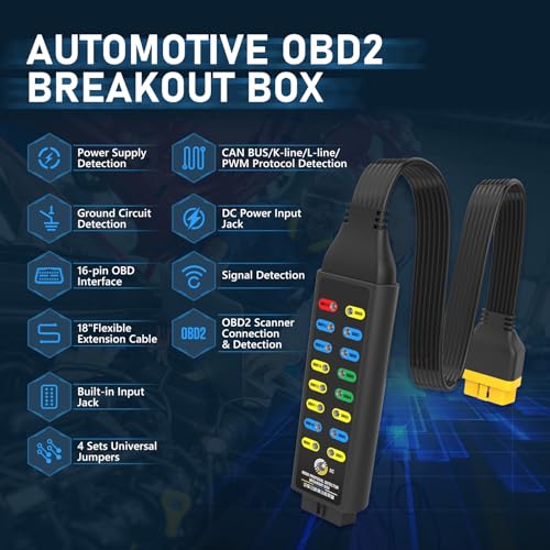 OBD2 Breakout Box, Automotive OBDII Protocol Detector Communication/Power/Ground Detection Breakout Box 16-Pin CAN 17.7 inches Cable Fault Diagnosis Scan Tool with Universal Wire Jumper and Clips OBD2 Breakout Box