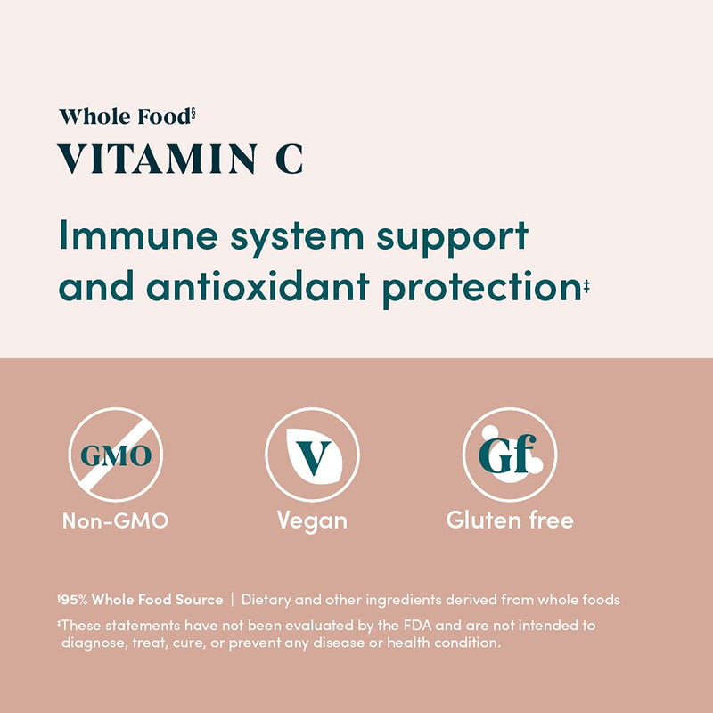 Amazon Elements - Whole Food Vitamin C, 95% Whole Food Source, Dietary and other ingredients derived from whole foods, Non-GMO verified ingredients, vegan certified, and gluten free, 60 capsules 60 Count (Pack of 1)