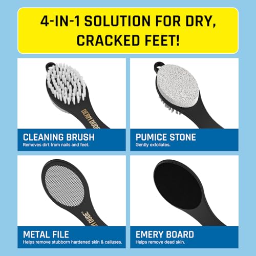 Derm Dude 4-in-1 Foot Scrubber & Heel Repair Tool | Foot File Callus Remover for Feet | Pedicure Tool with Metal File, Pumice Stone, Emery Board & Cleaning Brush to Soften & Smooth Rough, Dry Feet