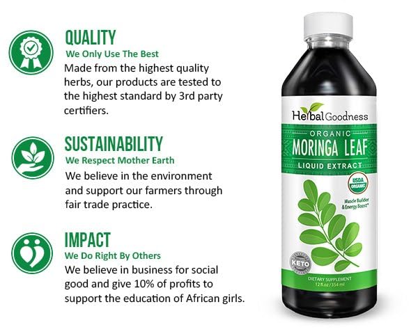 Herbal Goodness Organic Moringa Leaf Extract Liquid 12 Fl. oz - Tincture | Energy & Immune Support, Organic and Highly Bioavailable Alternative to Moringa Capsules & Powder Organic, Non-GMO