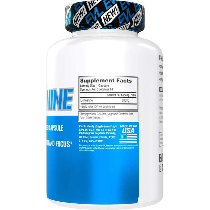 EVL L-Theanine 200mg Capsules for Focus & Relaxation - 60 Servings | Nootropic Formula With 200Mg L-Theanine Per Serving Supports Attention, Mental Energy, Mood And Daily Focus 60 Count (Pack of 1)