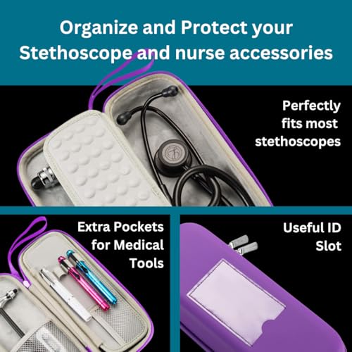 Hard Stethoscope Case for 3M Littmann Classic III, Lightweight II S.E, Cardiology IV Diagnostic, MDF Acoustica - ID Slot, Mesh Pocket for Nurse Accessories and Medical Supplies (Purple - Pu Leather) Purple