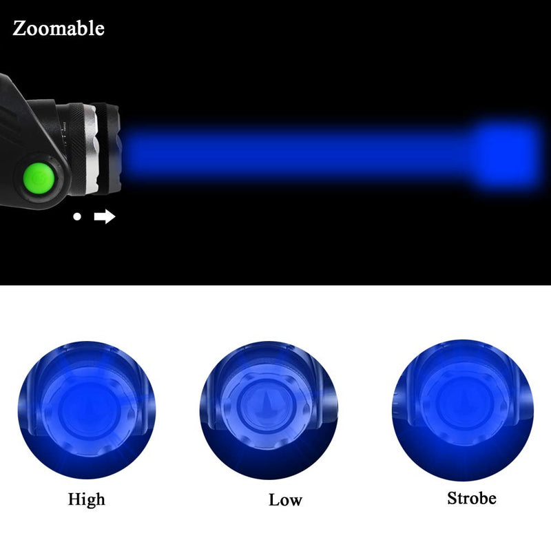 Blue Light Headlamp, 3 Mode Blue LED, Zoomable, Adjustable Focus, Fishing, Hunting, Outdoor Activities