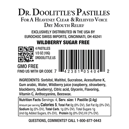 Dr. Doolittle’s Sugar Free Soft Fruit Pastilles for Voice and Throat, Wild Berries Flavor, Travel Size Bag,0.33 ounces approximately 4 Count Package, 20 Pack 4 Count (Pack of 20)