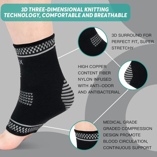 INDEEMAX Copper Ankle Brace for Women Men, Copper Infused Ankle Compression Support Sleeve for Plantar Fasciitis, Sprained Ankle, Achilles Tendonitis Brace, M Silver Black Medium