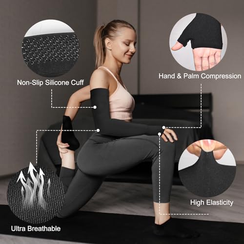 Hiball Lymphedema Medical Compression Arm Sleeve with Gauntlet, 20-30 mmHg Graduated Compression Full Arm Support for Women Men, Long Pressure Arm Hand Brace for Arthritis, Bursitis, Edema, Nerve Pain Black (Single) X-Large