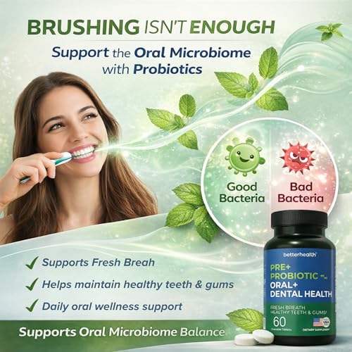 Oral Probiotics for Teeth and Gums, Pre + Probiotic with Zinc, Inulin & Xylitol, Vegan & Non-GMO Chewable Bad Breath Treatment for Adults, Supports Gum & Dental Health, 60 Tablets