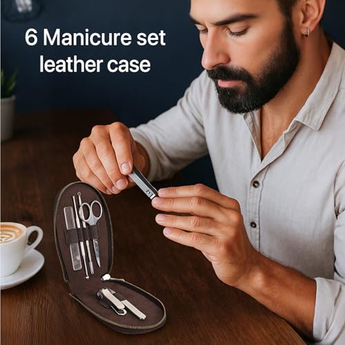 Hiram Handmade Leather Manicure Set Case 6 Slot Nail Tool Organizer Pouch with Elastic Bands & Loops Oil Nubuck Cowhide Travel Case for Grooming Kits Soft Leather Zip Closure 6 slots