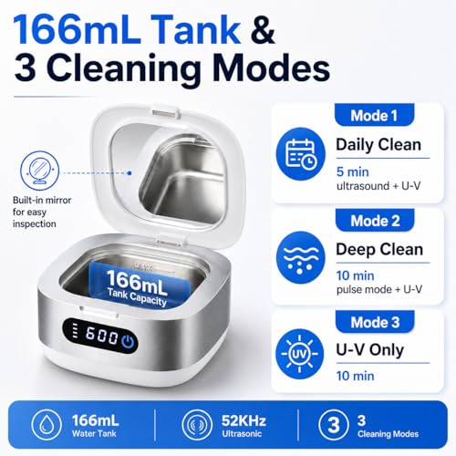Voraiya Cordless Ultrasonic Retainer Cleaner Machine, 4000mAh Rechargeable Cleaning Pod with UV, IPX6 Portable Denture Cleaner for Mouth Guard, Night Guard, Invisalign Aligners, Adults & Travel Sliver White