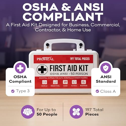 50 Person OSHA Compliant First Aid Kit for Businesses, Vehicles, Trucks, Construction Site - Type III, ANSI Class A Emergency Kit - 197 Piece Essential First Aid Supplies 50 Person Kit