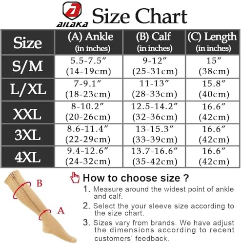 Ailaka Medical 15-20 mmHg Zipper Compression Socks Women Men 3X-Large (1 Pair) Beige