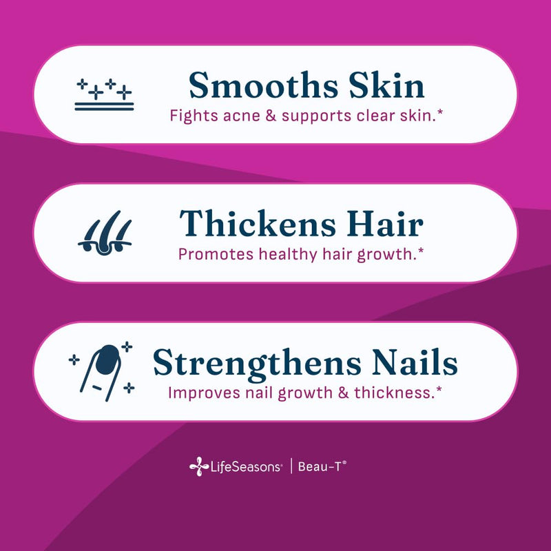 LifeSeasons Beau-T - Hair, Nail, & Skin Supplement - Promotes Healthy Hair and Nail Growth - Supports Clear Skin & Fights Acne - Nail Strengthener - Contains Biotin Collagen Turmeric - 180 Capsules 180 Count (Pack of 1)