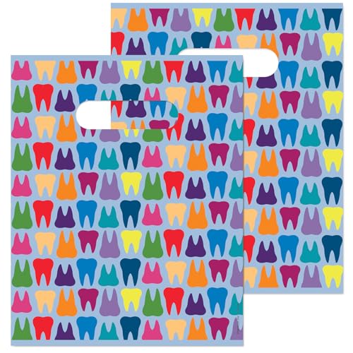 Practicon Rainbow Teeth 8" x 10" Dental Giveaway Bag, Dental Hygiene Patient Care Goodie Bag, Dentist Office Plastic Gift Bags, 100 Pack 8" x 10"