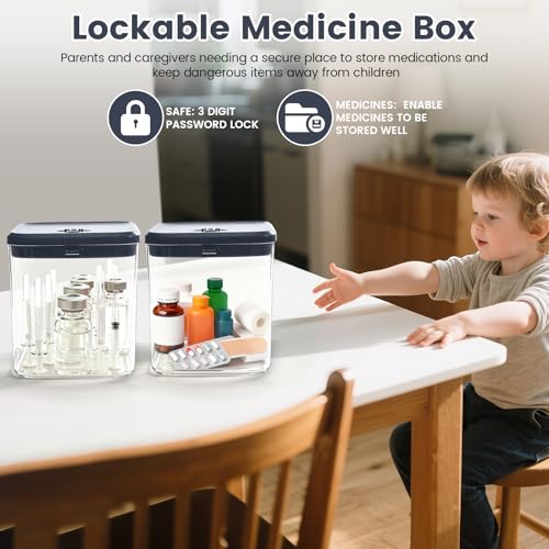 Small Lock Box for Safe Medication,Clear Lock Box with Combination Code,Locked Medicine for Pills First Aid,Lockable storage box for Snack/Fridge/Food/Phone medicine Organizer 5.5x5.5x4.9 Grey Lid Small