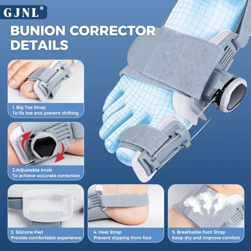 GJNL Bunion Corrector for Women & Men – Upgraded Adjustable Bunion Fix for Big Toe Separation Pain Relief, Bunion Splint Suitable for Left/Right Feet, Toes Alignment Hallux Valgus Correction (Grey) Grey