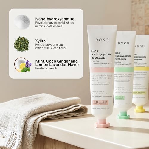 Boka Toothpaste - Fluoride Free Toothpaste, Nano Hydroxyapatite Toothpaste Value Pack (12 Ounce) E. Ela Mint, Coco Ginger, Lemon Lavender