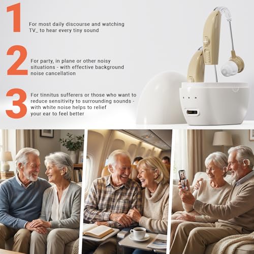 OTC Hearing Aids Rechargeable BY4U Hearing Amplifiers with 16-Channel Digital Noise Cancellation Volume Control Rechargeable Wireless Comfortable Wear,Design for Seniors &Adults Behind the ear 3cm