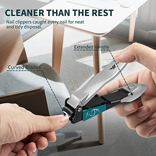 Nail Clippers with Catcher, No Splash Fingernail Toenail Clippers with Sharp Curved Blade and Glass Nail File, Wide Jaw Opening Stainless Steel Nail Cutter Trimmer for Seniors Adult Men Women Silver