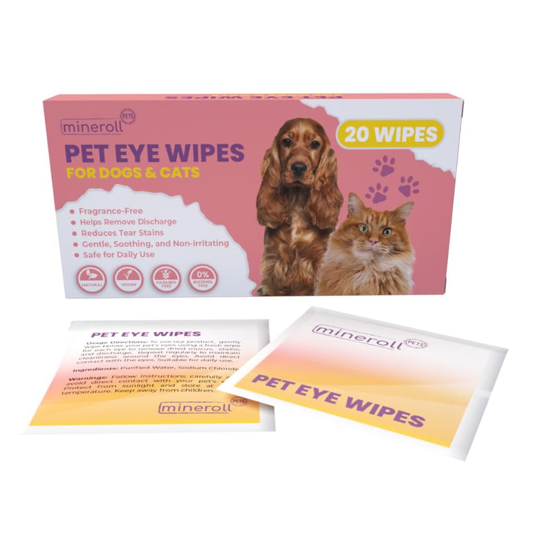 Pet Eye Wipes for Dogs & Cats - Individually Wrapped, Gentle Tear Stain Remover, Fragrance-Free, Alcohol-Free, Vegan, Soft Fabric - 20 Count