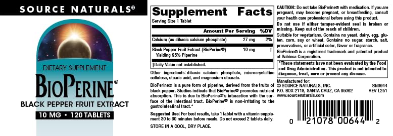 Source Naturals BioPerine, 10 mg -120 Tablets | Black Pepper Fruit Extract | Promotes Nutrient Absorption*