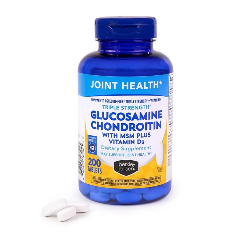 Berkley Jensen Glucosamine Chondroitin Triple Strength Complex with MSM and D3 Joint Supplement Tablets for Joint Support and Cartilages, NSF Certified, 200 Count (Pack of 1)