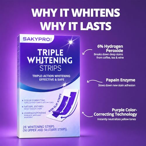 SAKYPRORAL Purple Whitening Strips, Long-Lasting Results, Enamel Safe & Low-Sensitivity, Professional Teeth Whitening Strips with Non-Slip Dry Strip Technology (28 Count (Pack of 1)) 28 Count (Pack of 1)