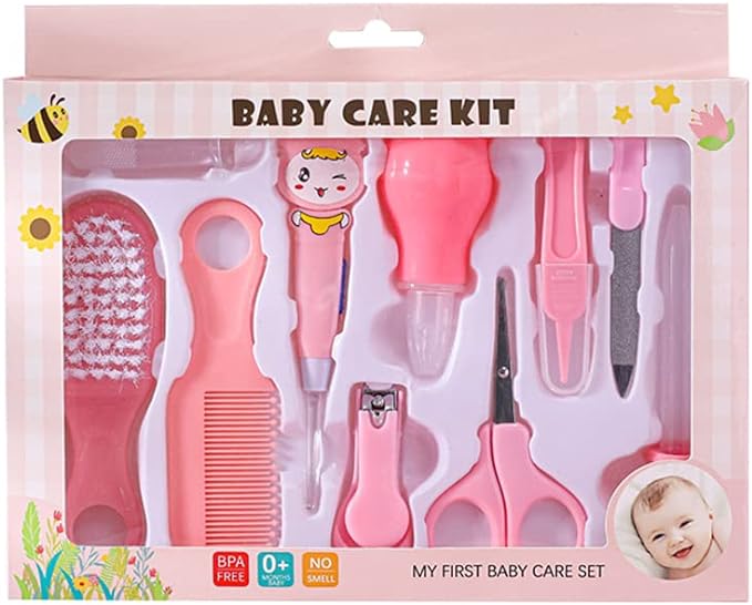 yarui Baby Care Newborn Nail Clippers Ear Scraper Set of 10 Nail File Scissors Baby Brush Comb Cute Hair Brush Comb Infant Baby Shower Gift Baby Nail Clipper (Pink) - BeesActive Australia