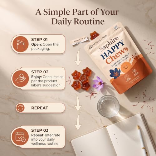 Saphire Happy Chews Saffron Gummies, 60 Count Vegan Daily Wellness Supplement Red