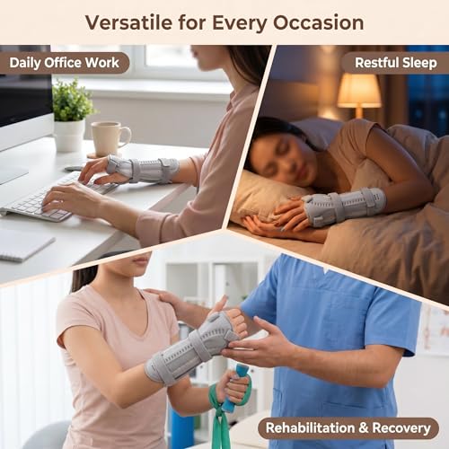 Wrist Brace for Right Hand, Adjustable Adult Night Support Splint, Ultralight Stabilizer for Carpal Tunnel & Arthritis, Pressure-Free Thumb Design, Gray