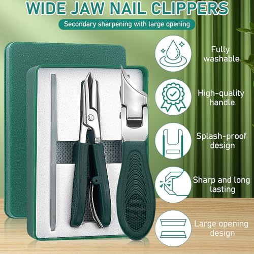 Eagle Beak Beveled Nail Clippers,3-Piece Sets of Eagle Beak Beveled Nails Clippers, Long Handle Wide Jaw Opening Anti-Splash Slanted Nail Clipper for Thick Nails, Seniors&Ingrown Care (Green)