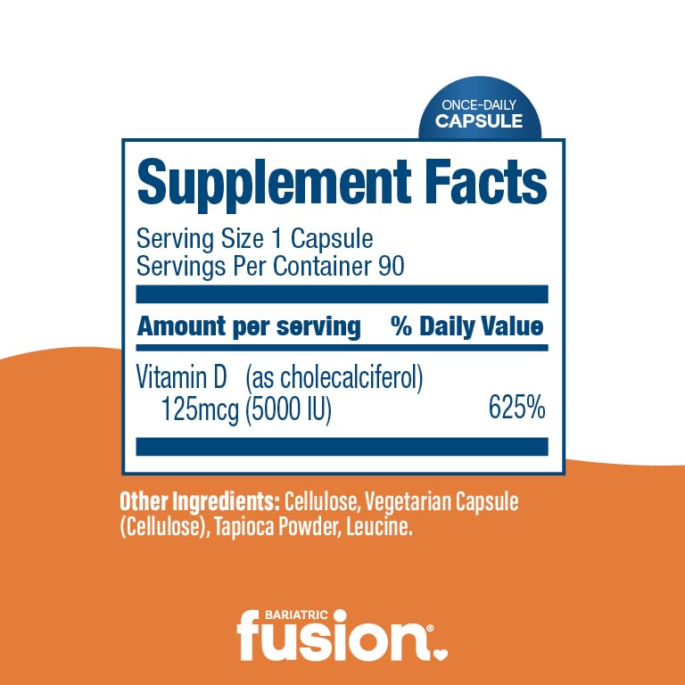 Bariatric Fusion Vitamin D3 5000 IU | Easy to Swallow Bariatric Vitamin D Capsule| One Per Day | Support Bone Strength and Calcium Absorption* | Post Bariatric Surgery | 90 Capsules Unflavored