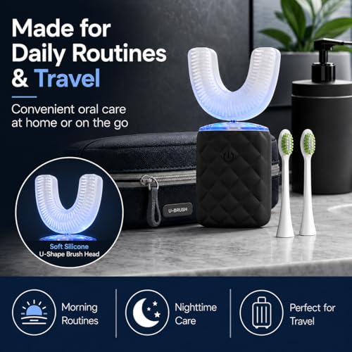 U Shaped Electric Toothbrush for Adults - Ultrasonic Automatic 360° Mouth Cleaning Toothbrush with 5 Modes, IPX7 Waterproof, Rechargeable Sonic Full Mouth Electric Toothbrush (Black)